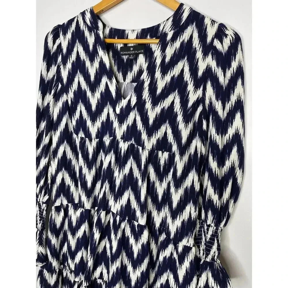 Pomander Place Tuckernuck Navy Ikat Kenzo Dress size S Chevron - Picture 10 of 12